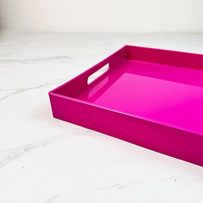 Large Decorative Tray, Rectangular Serving Tray with Handles, Plastic Coffee Table Tray for Ottoman, Living Room, Kitchen Tabletop, Rose Pink, 15.7” x 11.8” x1.6”