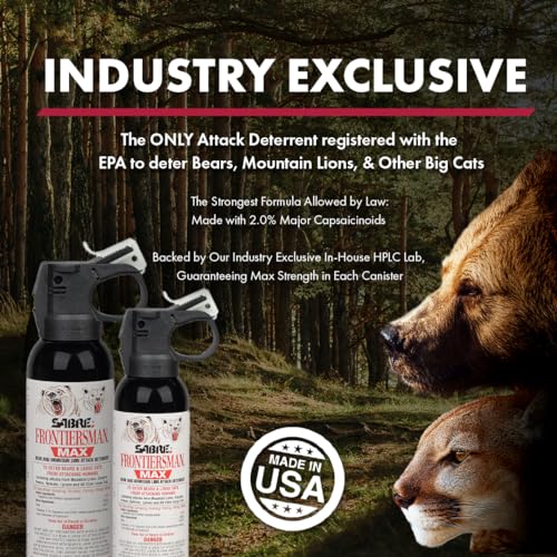 SABRE Frontiersman MAX Bear Spray ? 40 ft Range, Maximum Strength, The Only EPA-Registered Spray for Bears & Mountain Lions, 9.2 oz, Glow Safety Clip, Outdoor Hiking & Camping Protection