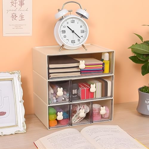 Desktop Storage Drawers, Plastic Desk Organizer with 2 Drawers, Modular Stackable Toolbox Units for Office Stationary, Makeup Container, Bathroom Countertop (1 Tall Layer, Cream & Clear) - color: 1 Tall Layer & 2 Drawers, Cream & Clear