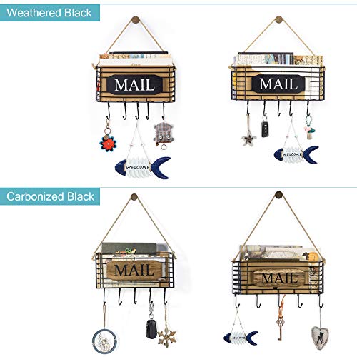 SRIWATANA Rustic Mail Key Holder, Mail Organizer Wall Mount with 5 Hooks Large, Black - color: Black, size: Large