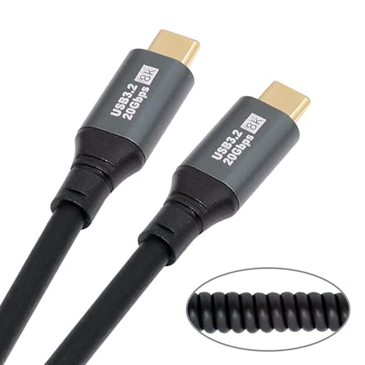 chenyang USB C to C Coiled Cable USB 3.2 Type C 90 Degree UP Angled 20Gbps PD 100W 8K@60Hz Data Fast Charging Cable 6ft