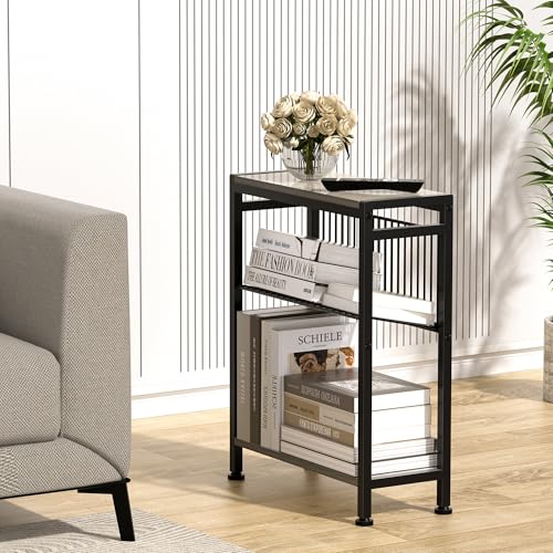Small Side Table Set of 2 for Small Space, 3-Tier Narrow End Table with Magazine Holder, Slim Nightstand, Skinny Snack Couch Table in Living Room, Bedroom, Kitchen and Balcony (Greige) - color: Greige-2pcs