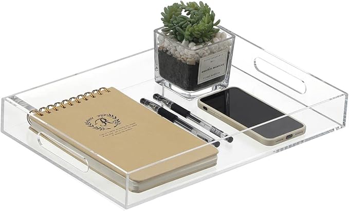 Clear Sturdy Acrylic Serving Tray with Handles-10x15Inch-Serving Coffee,Appetizer,Breakfast,Butler-Kitchen Countertop Tray-Makeup Drawer Organizer-Vanity Table,Ottoman Tray-Decorative Tray