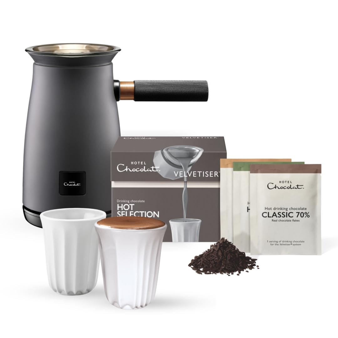 Hotel Chocolat Hot Chocolate Maker – Velvetiser Hot & Cold Drinking Chocolate Machine, Includes Mug & Glass, Pewter Edition, Luxury Gift