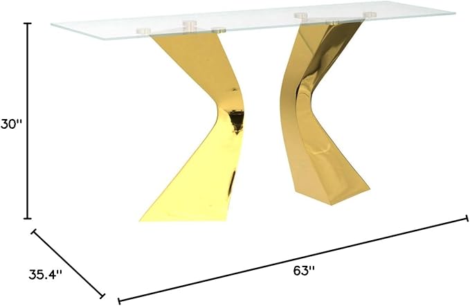 63in Gold Dining Table, Rectangular Glass Dining Table for 4-6 with Waved Legs in Polished Gold Chrome Finish, for Luxury Kitchen, Dining Room, Living Room,Apartment