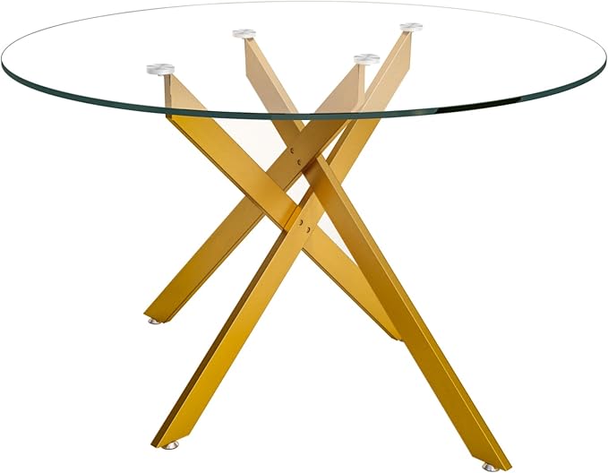 47.25" Round Dining Table for 6, Modern Clear Glass Kitchen Table for 6 with Gold X Metal Legs, Contemporary Small Circle Dining Room Leisure Tables for Kitchen Apartment