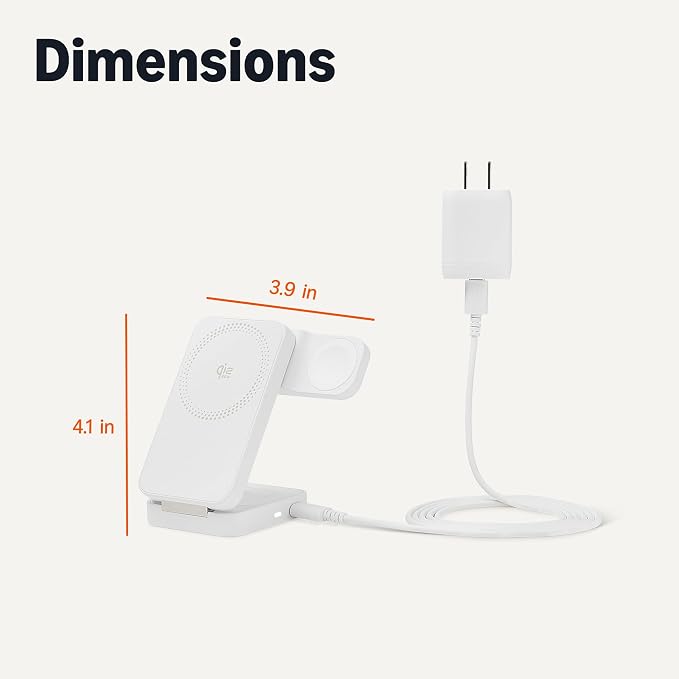 Amazon Basics MagSafe Compatible 25W Fast Charging Qi2.2 Certified 3-in-1 Wireless Charging Station Foldable Stand for iPhone 17/16/15/14/13/12 Apple Watch AirPods with 45W Adapter Black
