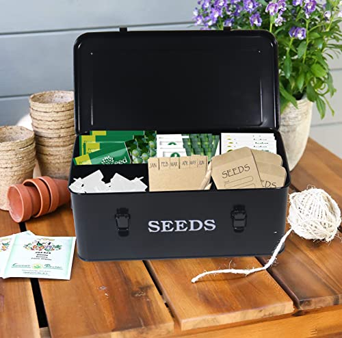 Seed Saving Box, Metal Seed Bin, Seed Storage Organizer, Seed Packet Container with Lid, Seed Envelope Storage Box, 4 Compartments Garden Seed Bin with Safety Locks-Black - color: Black