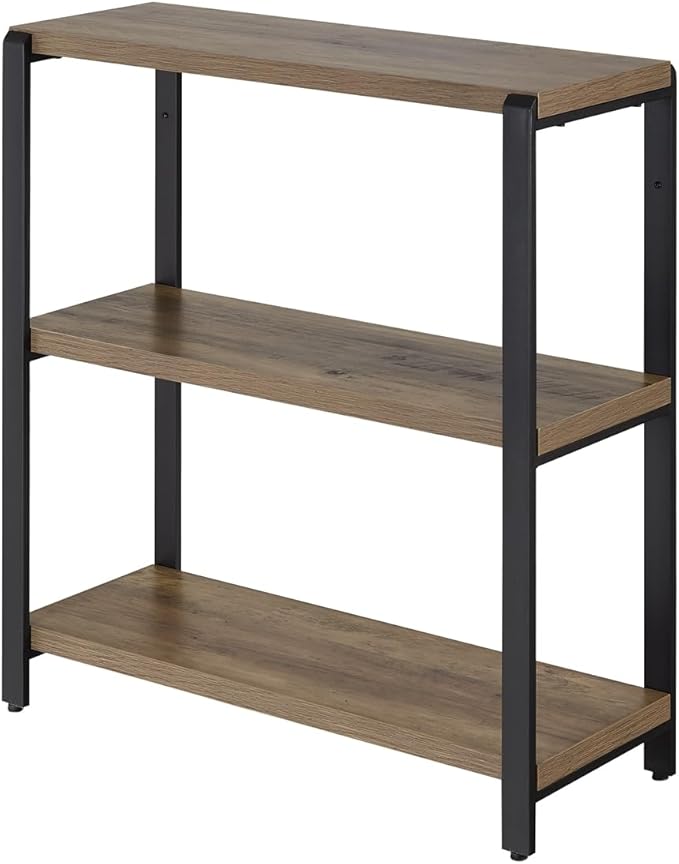 FOLUBAN 3 Tier Bookshelf, Industrial Bookcase and Book Shelves for Bedroom, Rustic Wood and Metal Book Case for Office, Oak