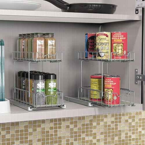 Simple Houseware 2-Tier Spice Rack Slide Out Wire Basket Drawer Organizer, Silver - color: Silver