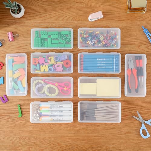 10 Pack Clear Plastic Pencil Case Pouch Box - Stackable Storage Organizer with Snap Lid for Pens, Markers, Beads, Jewelry, Stickers, Art Supplies, School Office Hobby Use, Rectangular Flat - size: Clear Rectangular Flat - 10 Pack