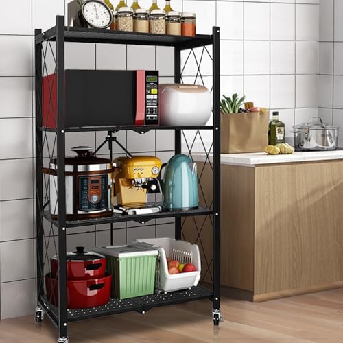 Life Hacks 2pcs 3-Tier Foldable Shelves for Storage, No Assembly Required, Folding Shelf Unit Pantry Shelves with Wheels, Metal Shelving Storage Rack Shelf for Kitchen Garage Home