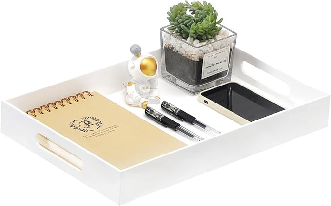 Glossy White Sturdy Acrylic Serving Tray with Handles-12x20Inch-Serving Coffee,Appetizer,Breakfast,Butler-Kitchen Countertop Tray-Makeup Drawer Organizer-Vanity Table,Ottoman Tray-Decorative