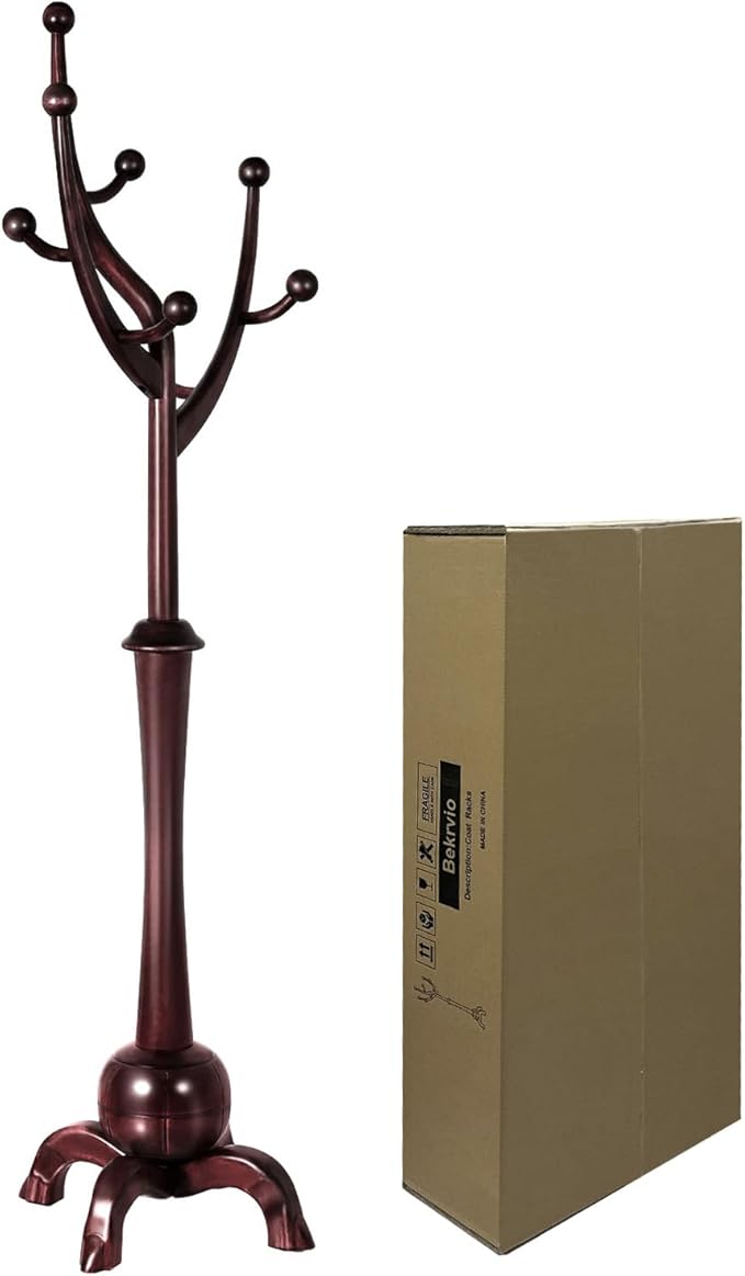Coat Rack Freestanding Wood Tree Rack with 8 Hooks, Creative Design Tree Branch-look, Coat Tree Clothes Hanger Stand with Stable Sphere Base for Entryway, Hallway, Bedroom (Wine Red)