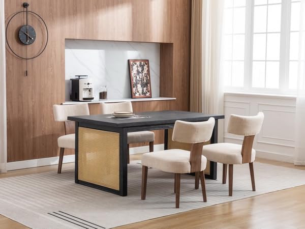 Mid Century Modern Dining Chairs Set of 6 Upholstered Linen Fabric Dining Chairs Curved Backrest Farmhouse Dining Room Chairs Kitchen Chairs with Wood Legs, Beige