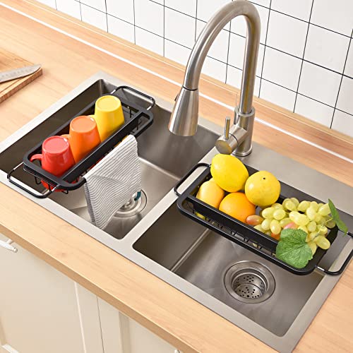 TOOLF Expandable Sink Caddy with Dish Towel Bar, Adjustable Over-The-Sink Organizer for Kitchen, Rustproof Sponge Holder and Drying Rack - size: Small
