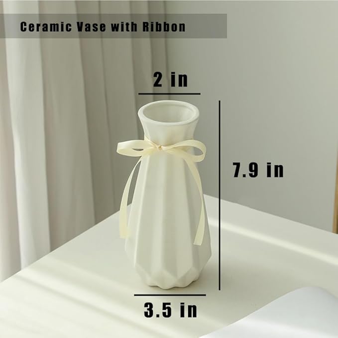 Origami Ceramic Vase with Ribbon, 7.9" H, Artistic Design Flower Vase Geometrical Style for Modern Home Decoration