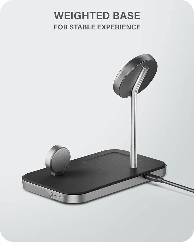 ALOGIC MagSpeed 3-in-1 Wireless Charging Station MagSafe Compatible Charger for iPhone 15/14/13/12 Series Apple Watch & AirPods Charging Case LED Indicator