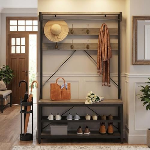 39.9" Industrial Hall Tree Coat Rack, with Bench & Shoe Storage, Entryway Organizer with 8 Sturdy Hooks & Hanging Bar, Large Shoe Rack with Storage Shelf, Steel Frame, Farmhouse Wood Look Accent, Grey