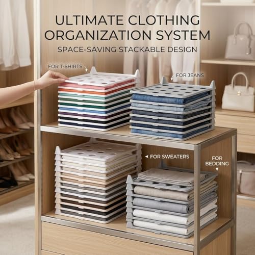 Space-Saving Stackable Clothing Organizer –Interlocking Shirt Folding Boards & Shelf Dividers,Keeps Lightweight Clothes Neat,Stackable Closet Organizer for Shirts, Jeans, T Shirt 5 Pack (Grey) - color: Grey