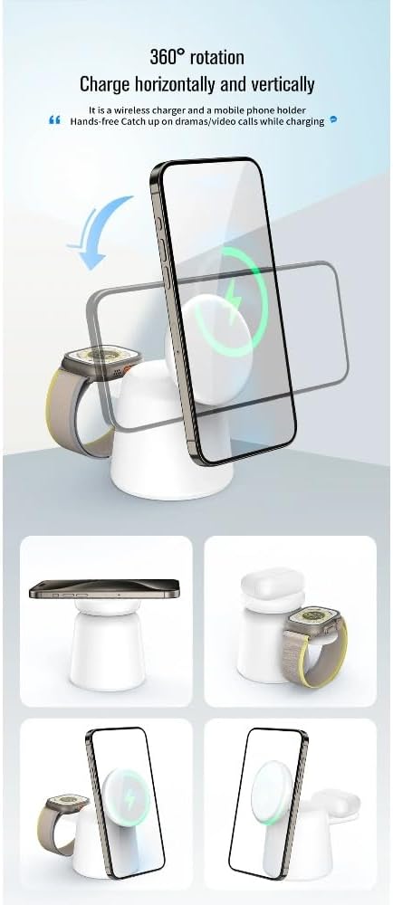 Foldable 3 in 1 Magnetic Wireless Charger Stand for iPhone 17 16 15 14 13 12 Pro Max Airpods IWatch 9 8 7 6 Fast Charging Dock Station (White)