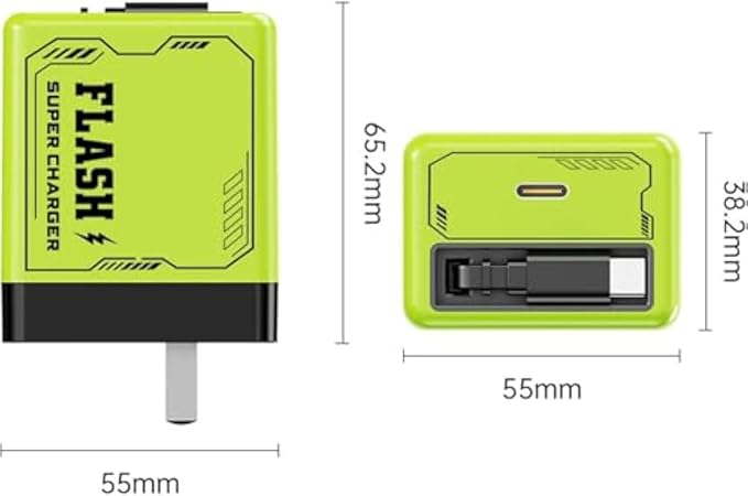 2-in-1 Compatible Fast Charger Fast Charger Module with Type-C Cable Retractable Phone Wall Plug for Phone and Laptops (Green)