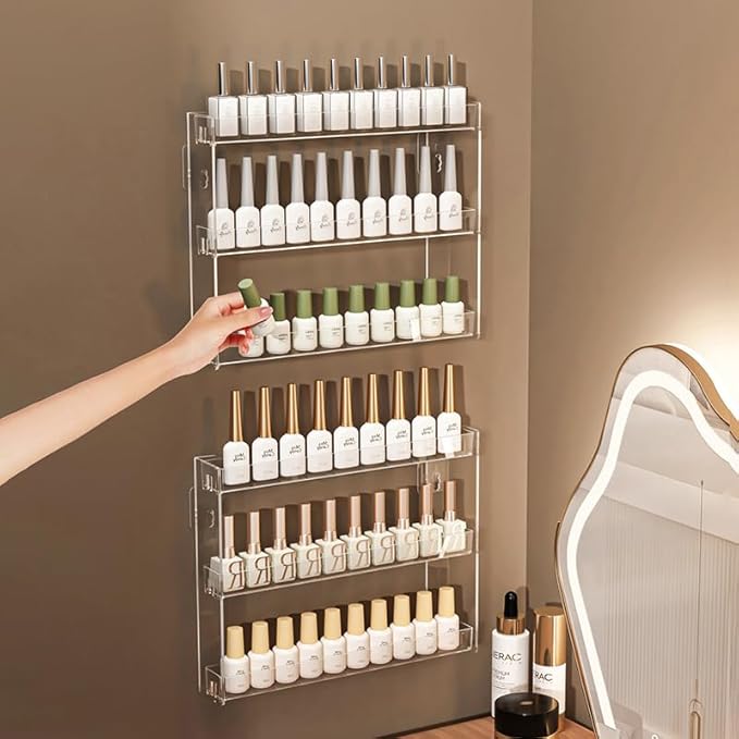 3 Layers Makeup Organizer Wall Mounted, Acrylic Invisible Floating Shelves with Anti-Slip Adhesive Backing, Sunglasses Display Rack, Nail Polish Storage, Clear (1 Pack)
