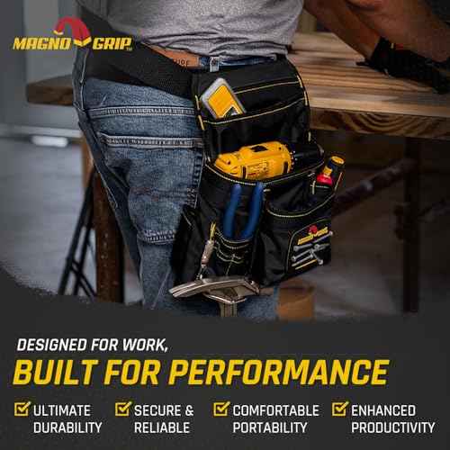 MagnoGrip 10-Pocket Tool Pouch with Magnetic Storage - Durable 1680D Ballistic Polyester, Adjustable Belt, Reinforced Rivets, Easy Access Pockets for Construction, Carpentry, and DIY Projects - Black