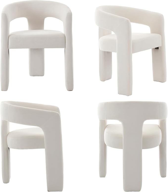 Modern Chenille Dining Chairs Set of 6, Upholstered Barrel Chairs with Arms Comfy Accent Side Chairs for Living Room/Dining Room/Reception, Beige