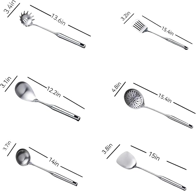 Houhil, 316 Stainless Steel Cooking Tool Set: saute pan spatula ladle, skimmer slotted, pasta, serving spoon, slotted spatula seasoner, dishwasher safe.