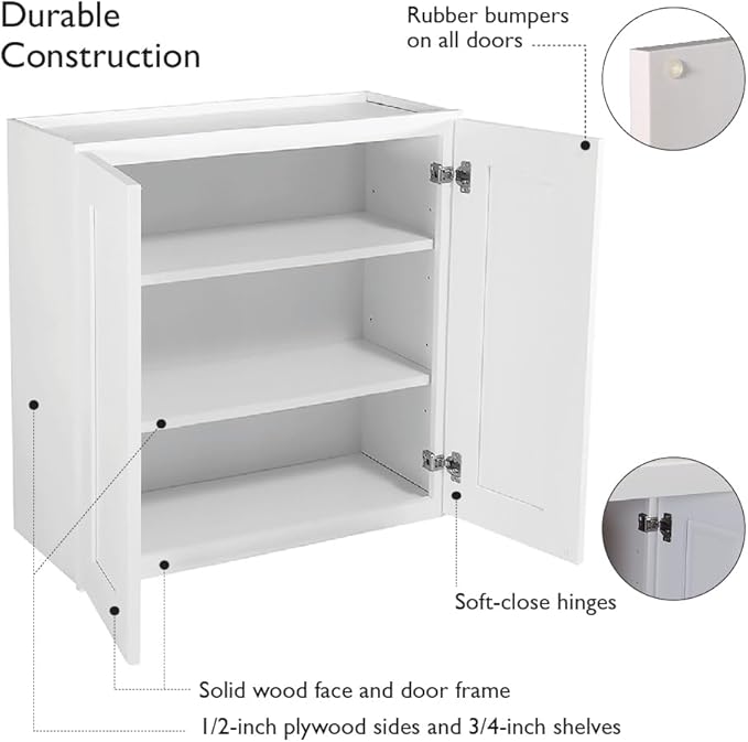 Brookings Shaker Fully Assembled Wall Kitchen Cabinet W3636, 36 W x 12 D x 36 H, Painted White, Solid Wood, Design House, 569137