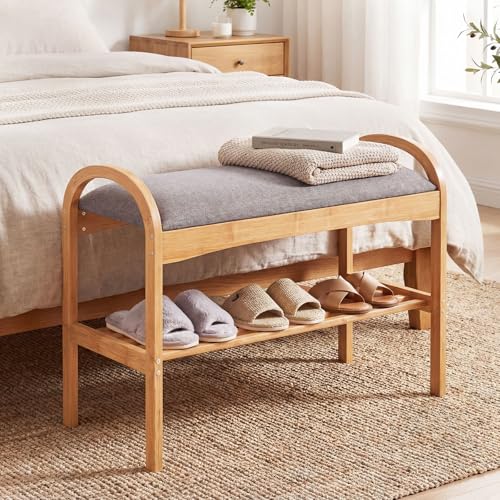 Giantex Shoe Rack Bench, Bamboo 2-Tier Entryway Bench with Padded Cushion, Shoe Storage Bench for Hallway, Closet, Foyer, Living Room, Bedroom, Mudroom - size: 12.5"D x 27.5"W x 20"H(Without Flip-Top Storage)