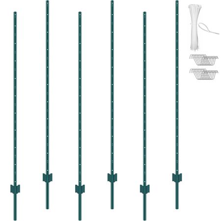 6 Feet Fence Post, 6 Pack U-Channel Heavy Duty Metal Fence Posts, Sturdy Steel Fence Stakes for Garden Yard, Lawn, Farms and Outdoor Wire Fencing, Green