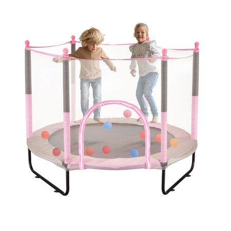 60" Kids Trampoline, 5FT Indoor Outdoor Trampoline, Mini Toddler Recreational Trampolinewith Safety Enclosure Net and Basketball Hoop, Birthday Gifts Christmas Toys for 3+ Years Children, Pink