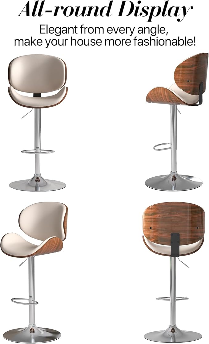 Adjustable Swivel Bar Stools 1 PC, Modern Bentwood Barstool with Large Metal Base and Footrest, PU Leather Upholstered Bar Chair with Curved Back for Kitchen Island Dining Room, White