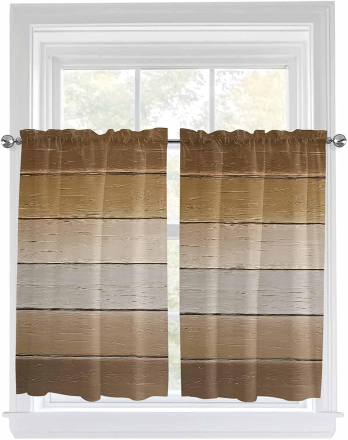 Vintage Brown Gradient Wood Grain Window Valance Curtains, Farmhouse Wood Barn