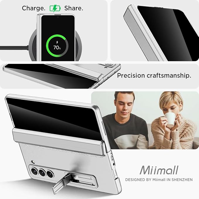 Miimall for Samsung Galaxy Z Fold 5 Case with Privacy Screen Protector, Built-in Adjustable Kickstand & Magnetic Hinge Protection All-Inclusive Protective Case for Galaxy Z Fold 5 5G(Silver)
