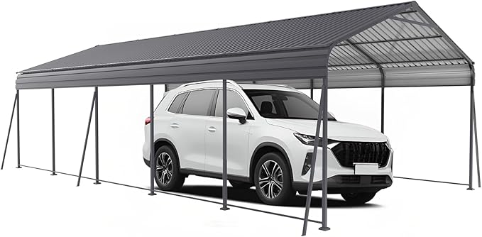 Metal Carport 13 ×26.5 FT Heavy Duty with Galvanized Steel Roof, Metal Garage Canopy with Galvanized Steel Roof & Frame, Car Tent Outdoor Storage Shed for Car, Boats and Truck, Gray