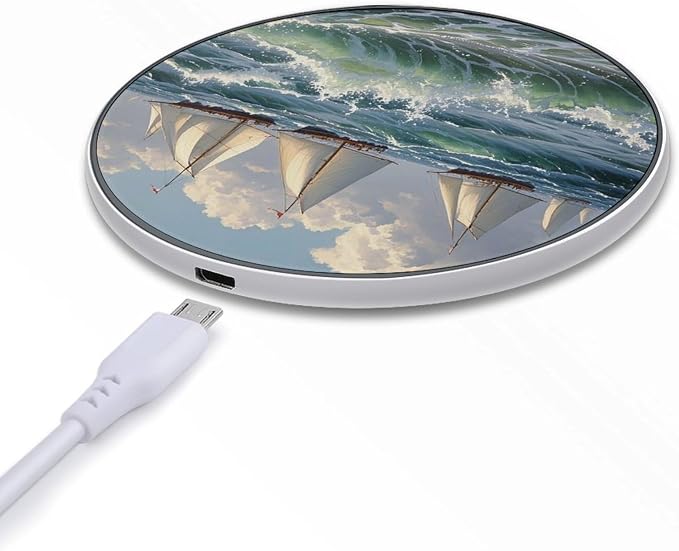 Sea Sailboat Group Wireless Charger Aluminum Alloy Frame 10W Fast Charging Pad with Indicator Light 6mm Thin & Portable Wireless Charging Pad for Travel Home Office Desk