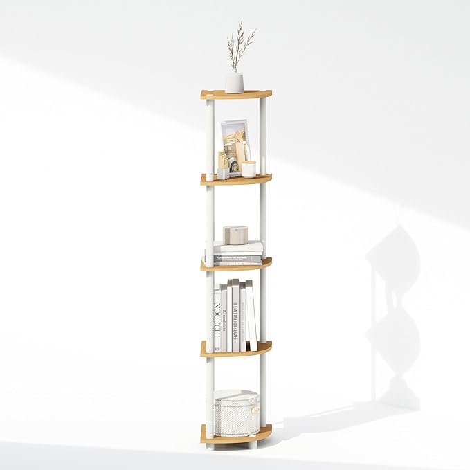 Furinno Turn-N-Tube Storage Shelves, 5-Tier Book Shelf, Corner Shelf, Toolless Open Shelves, for Organization and Storage, Living Room, Home Office, Hallway, Bedroom, Beech