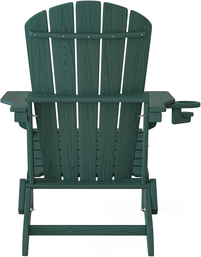 Plawdlik Folding Adirondack Chair, SGS Tested, Wooden Textured with Cup Holder, Heavy All-Weather HDPE Comfortable Set Poolside Backyard Lawn Green