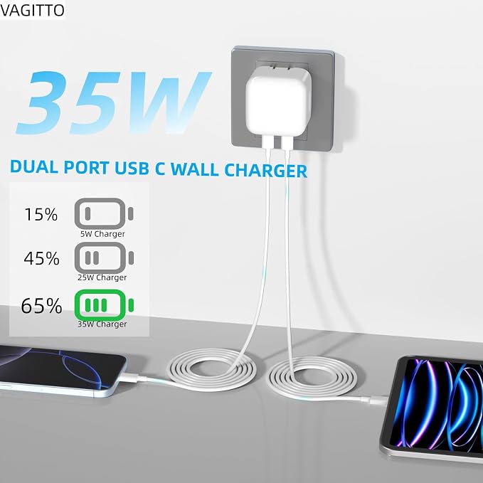 35W Dual USB C Port Compact Power Adapter Compatible with iPhone 16/15/14 MacBook Air iPad Air Pods Foldable Type C Wall Charger Plug Includes 6.8Ft C to C Cable | Wide Compatibility Foldable