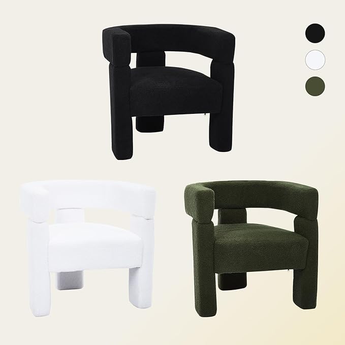 Sherpa Barrel Dining Chairs Set of 3, Upholstered Boucle Accent Kitchen Chairs with Arms, Comfy Faux Fur Side Chair Modern Armchair for Dining Room, Bedroom, Home Office, Green