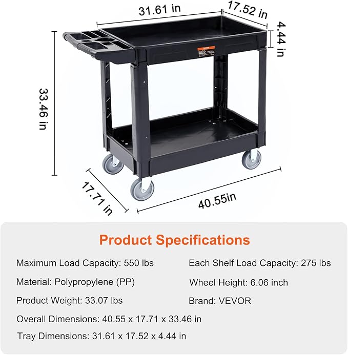 VEVOR Utility Service Cart, 2 Shelf 550LBS Heavy Duty Plastic Rolling Utility Cart, Medium Lipped Shelf, 360° Swivel Wheels, Ergonomic Storage Handle for Warehouse Garage, Black
