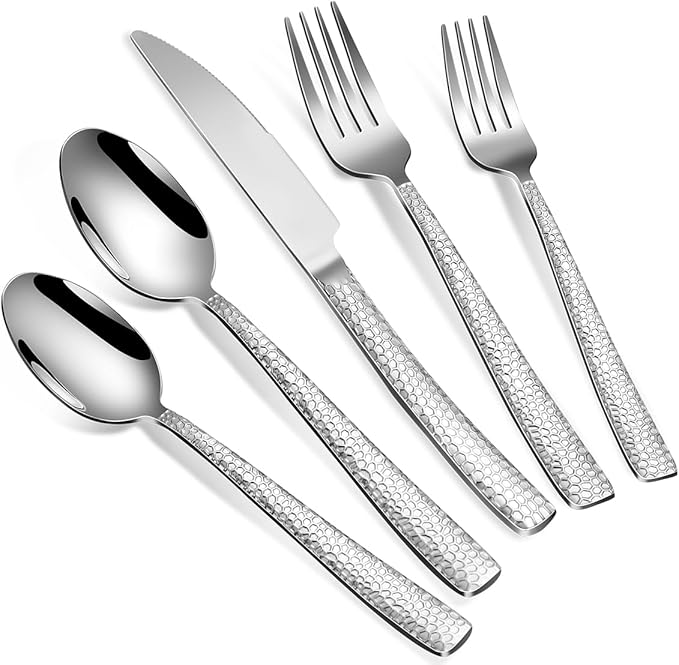 Large Hostess Serving Utensils Set, Stainless Steel Heavy Duty Hammered Serving spoons, Slotted Spoons, Serving Fork, Cake Server, Butter Knife, Dishwasher Safe(Black)