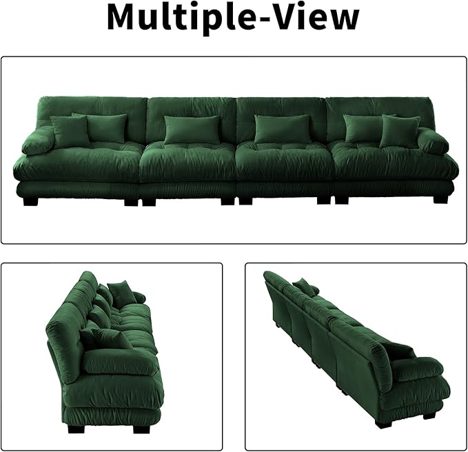 173.2" Oversized Couch, 4 Seater Modular Sectional Sofa, Green Large Sectional Couches for Living Room, Fluffy Chenille Fabric Cloud Couch with 5 Pillows, Deep Seat Sofas