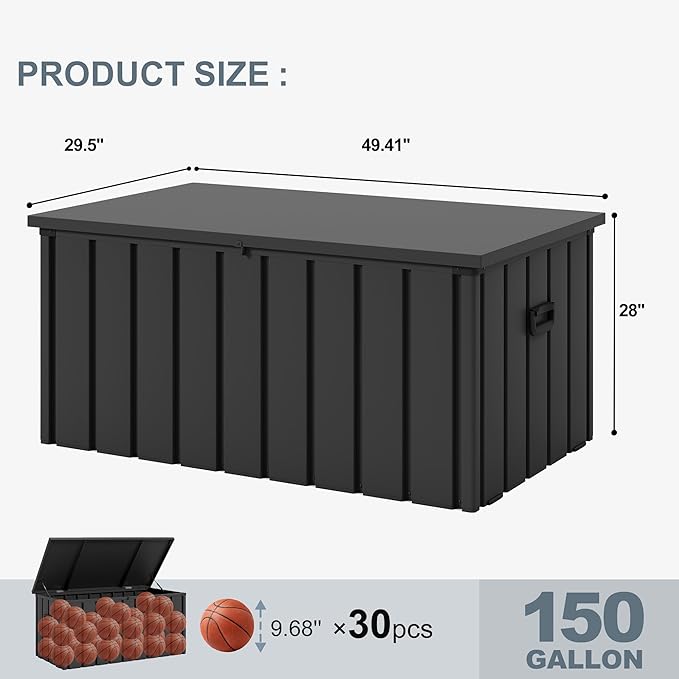 PURPLE LEAF Outdoor Deck Box 150 Gallon Waterproof Lockable Storage Box Container with Lid Deck Organization for Patio Cushions Side Table Pool Accessories Garden Tools, Gray