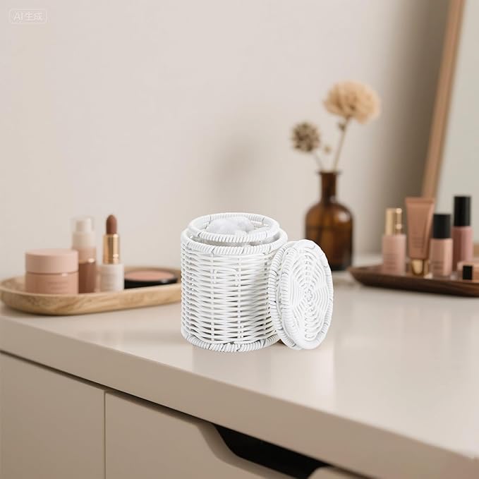Rattan Jars,Decorative Storage Boxes with Lids,Rattan Bathroom Accessories,Rattan Desk Organizer,for Office,Dressing Table,Dental floss picks, cotton swab holders Home Decoration,White(DP056)