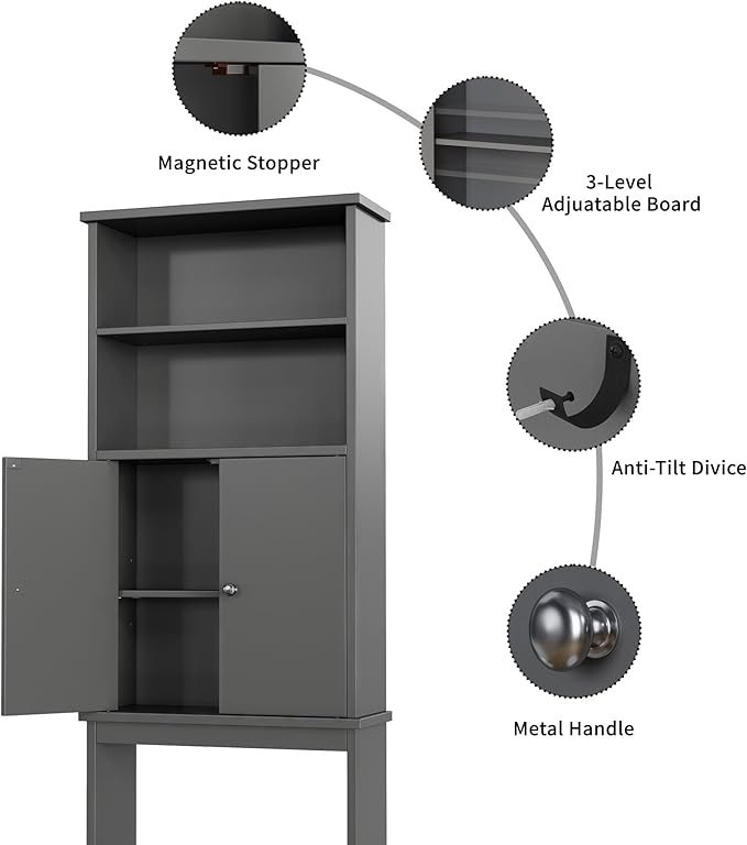 Shintenchi Over The Toilet Storage Cabinet, Bathroom Above The Toilet Rack, Bathroom Adjustable Shelf Organizer with Open Bottom Bar and Anti-Tip Device, Gray