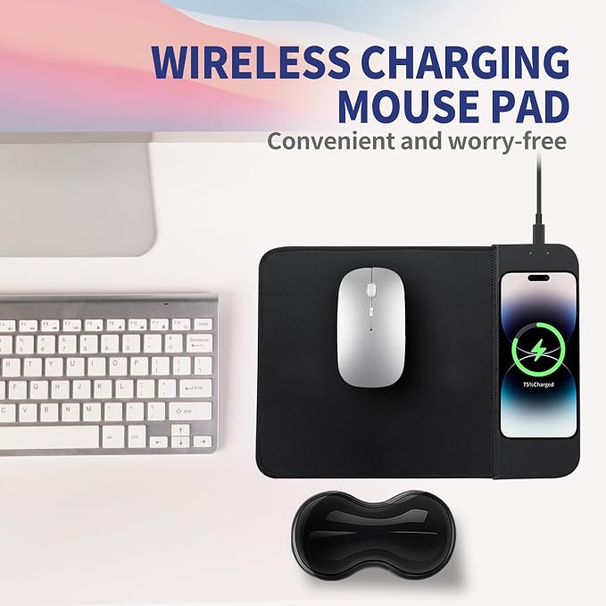 Portable Mouse Pad (8.66x11.8) with 15W Wireless Charging and Gel Wrist Rest - Foldable Travel Desk Mat Compatible with iPhone/Samsung